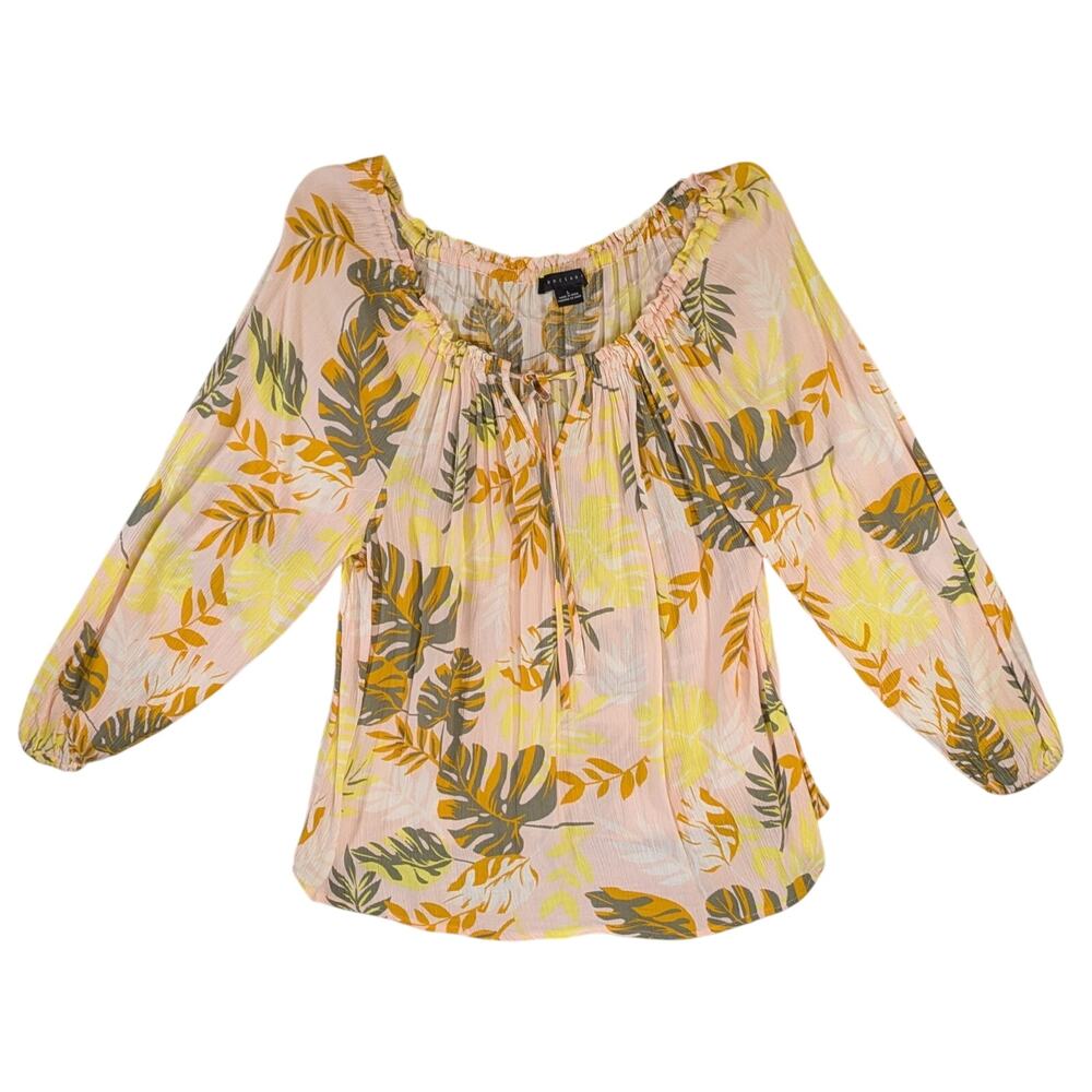 Sanctuary Pink Leaf Print Peasant Blouse Women L Long Sleeve Boho Top Casual